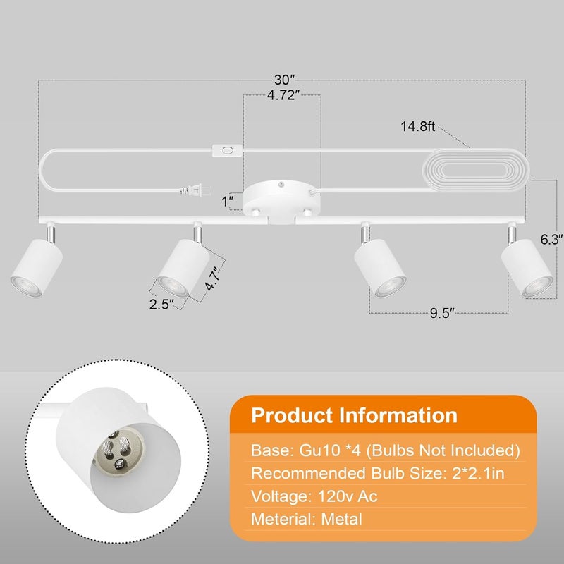 AUQUEE Track Lighting Plug in, LED Track Lighting Fixtures Ceiling Kit, White 4-Light Ceiling Light Plug-in, Wall Light with 14.8ft Power Cord, Rotatable Kitchen Spotlight for Bedroom(GU10 Socket, NO Bulb) - Image 4
